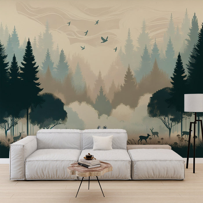 Forest Mural Wallpaper | Animals and Tall Fir Trees Silhouette