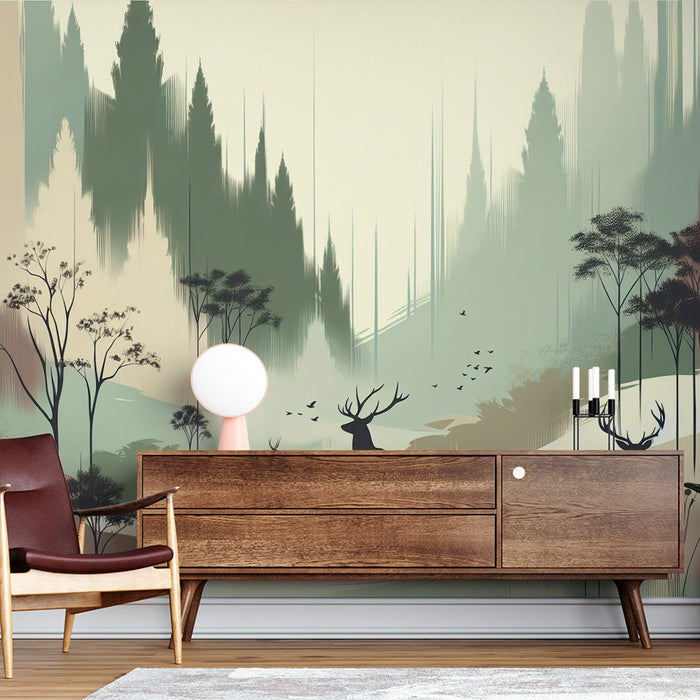 Forest Mural Wallpaper | Deer Silhouette and Neutral Tones