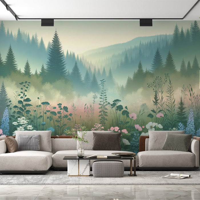 Papel de parede da floresta | Silhueta de pinheiro com primeiro plano florido