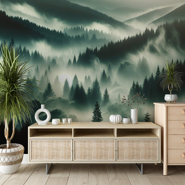 Foto Behang | Misty Valley of Fir Trees and Various Trees