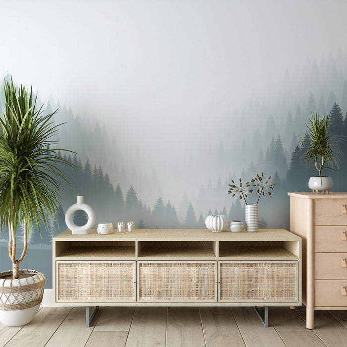 Forest Mural Wallpaper | Misty Valley in Shades of Blue
