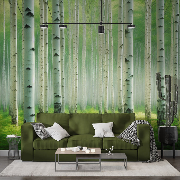 Birch Forest Mural Wallpaper | Green and White Tones Reflecting the Beauty of Birch