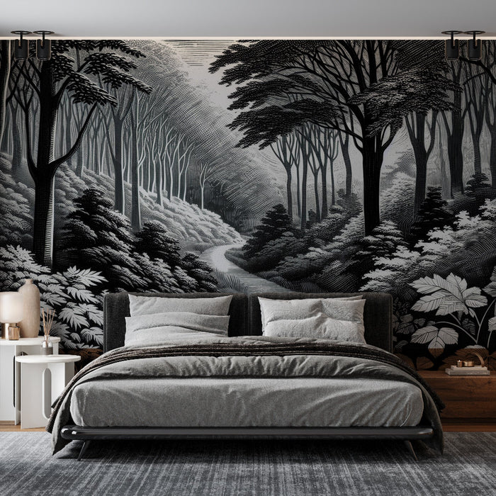 Black and White Forest Mural Wallpaper | Path to the Depths of the Forest