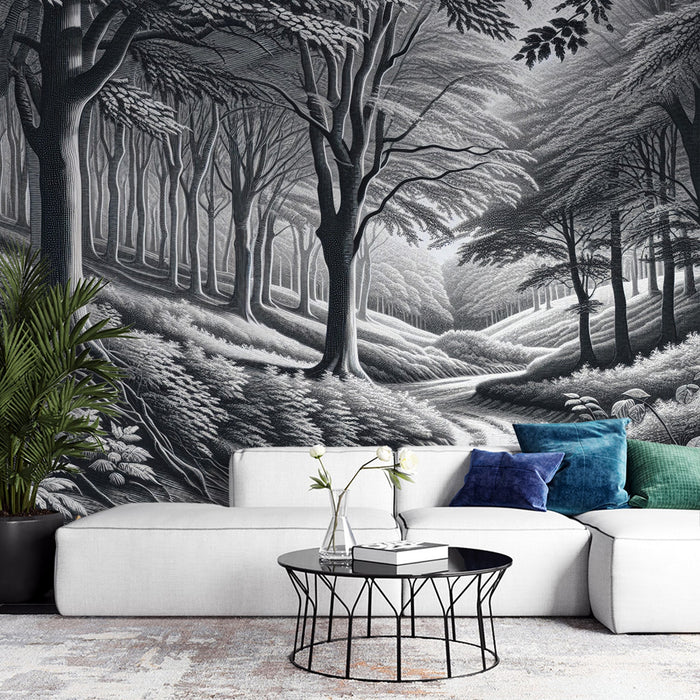 Black and White Forest Mural Wallpaper | Path through the Tree Forest