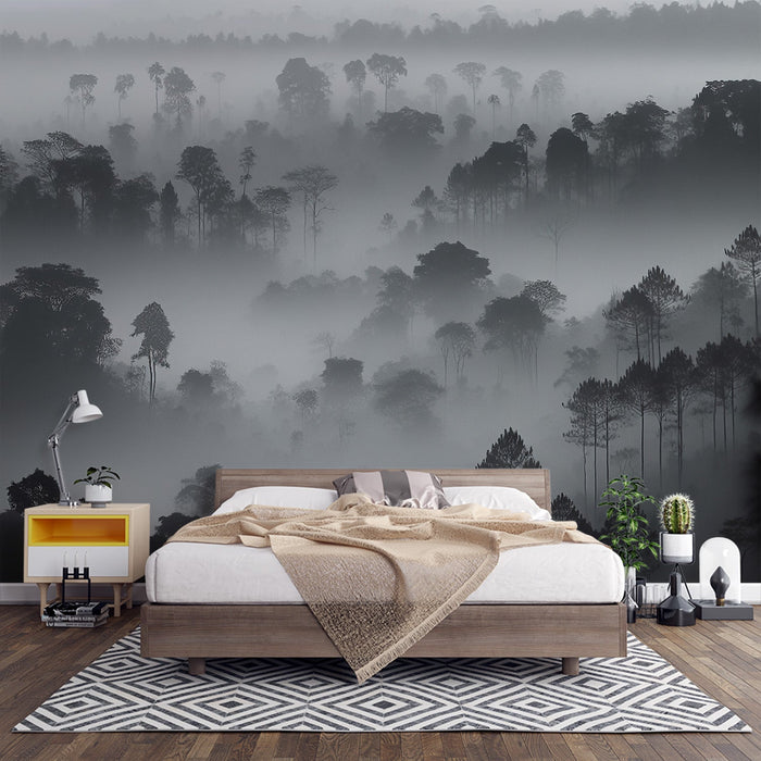 Black and White Forest Mural Wallpaper | Misty Forest with All Types of Flora