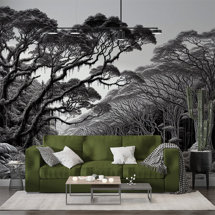 Black and White Forest Mural Wallpaper | Exotic Nature with Grand Tree Alley