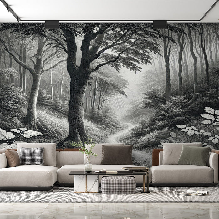 Black and White Forest Mural Wallpaper | Little Path Through the Foliage