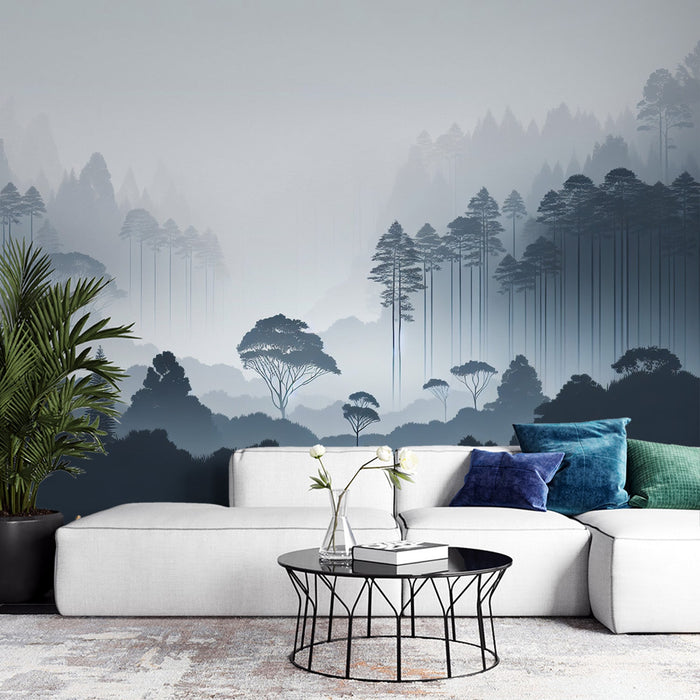 Black and White Forest Mural Wallpaper | Silhouette of a Misty Forest
