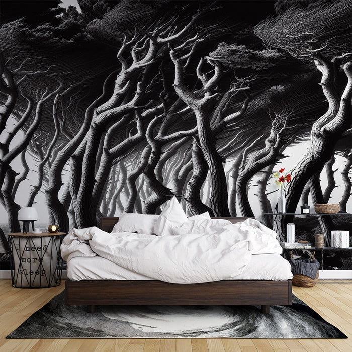 Black and White Forest Mural Wallpaper | Storm at the Seashore