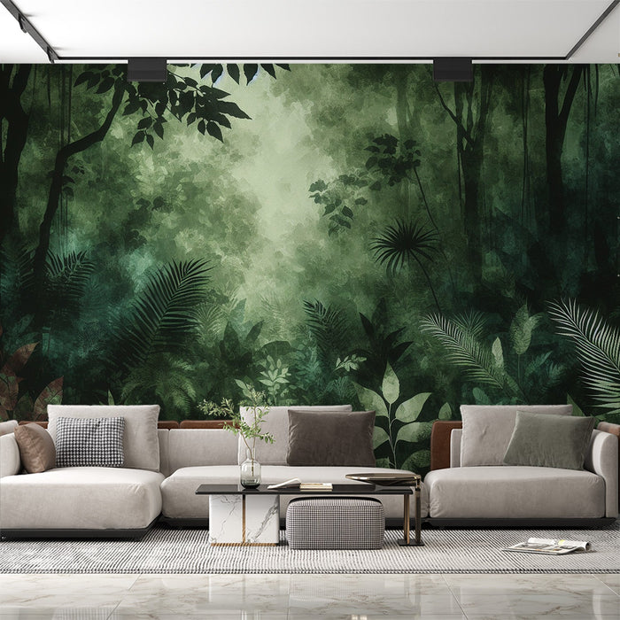 Tropical Rainforest Mural Wallpaper | Verdant Foliage and Trees in Watercolor Style