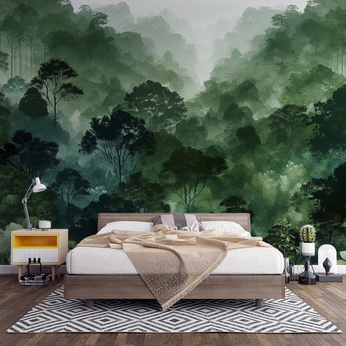 Green Forest Mural Wallpaper | Watercolor Style Green Tree and Valley