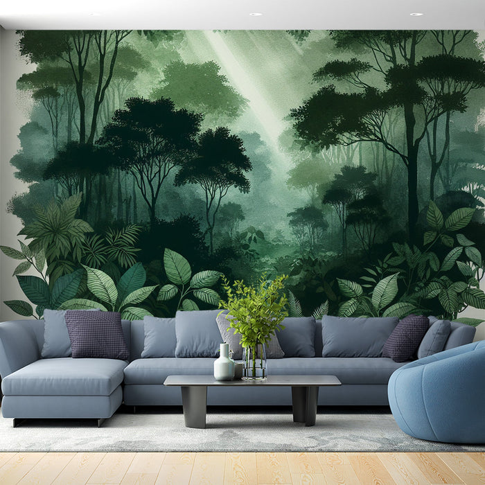 Green Forest Mural Wallpaper | Green Toned Foliage and Trees with a Light Hole