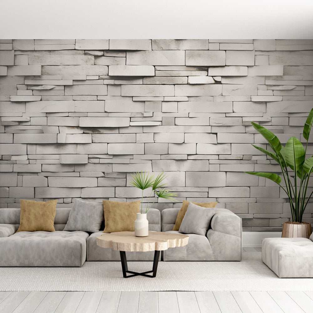 Stone Wall Effect Mural Wallpaper | White Stones — WonderMural