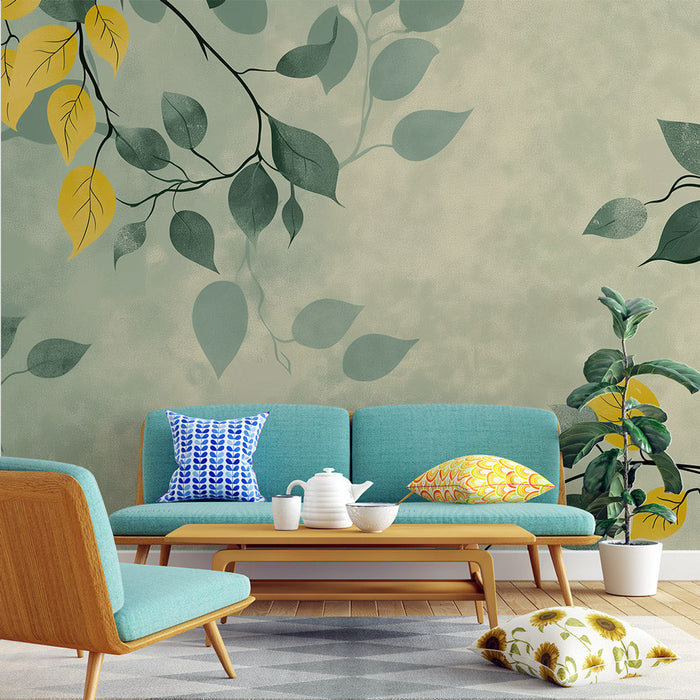 Japandi Mural Wallpaper | Yellow and Green Branches and Leaves