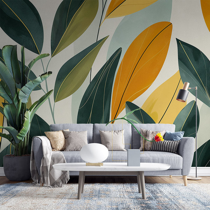 Japandi Mural Wallpaper | Gele en Groene Bladeren