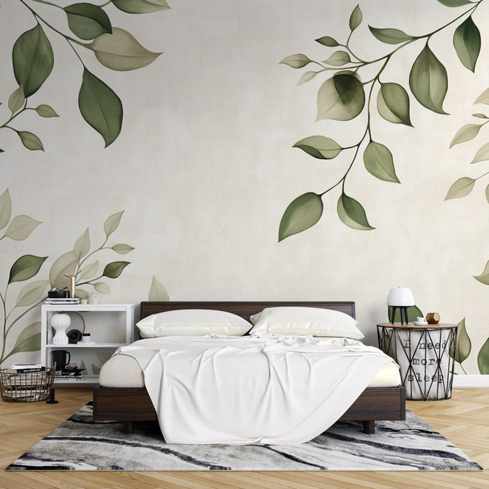 Japandi Mural Wallpaper | Green Tones Leaves