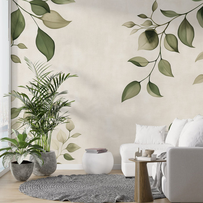 Japandi Mural Wallpaper | Green Leaves on Beige Background