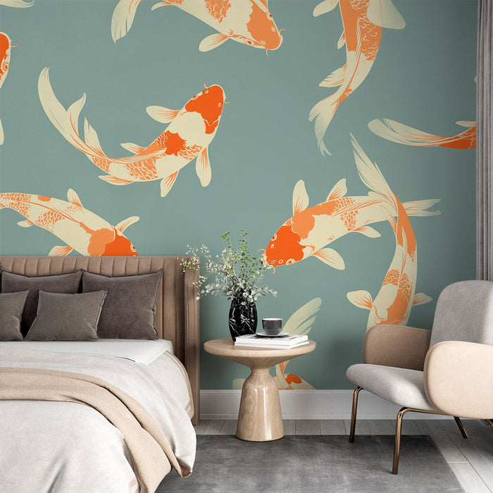 Japanese Wallpaper | Red and Orange Koi Mural Wallpaper