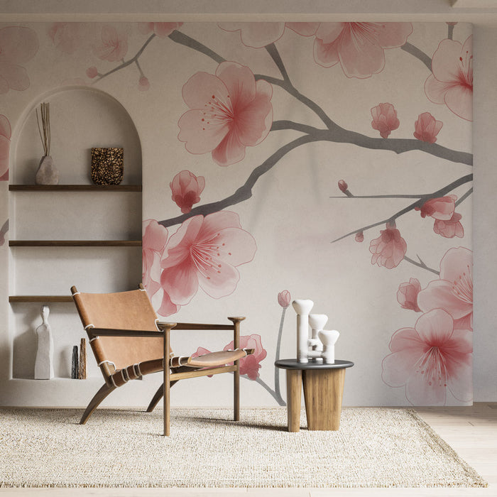 Papel de parede japonês | Papel de parede mural de flor de cerejeira pastel