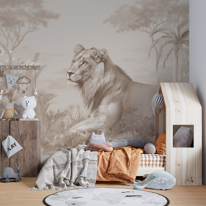 Young Lion Mural Wallpaper | Sepia Savannah — WonderMural