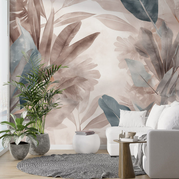 Tropical Jungle Mural Wallpaper | Large Pastel-Colored Leaves