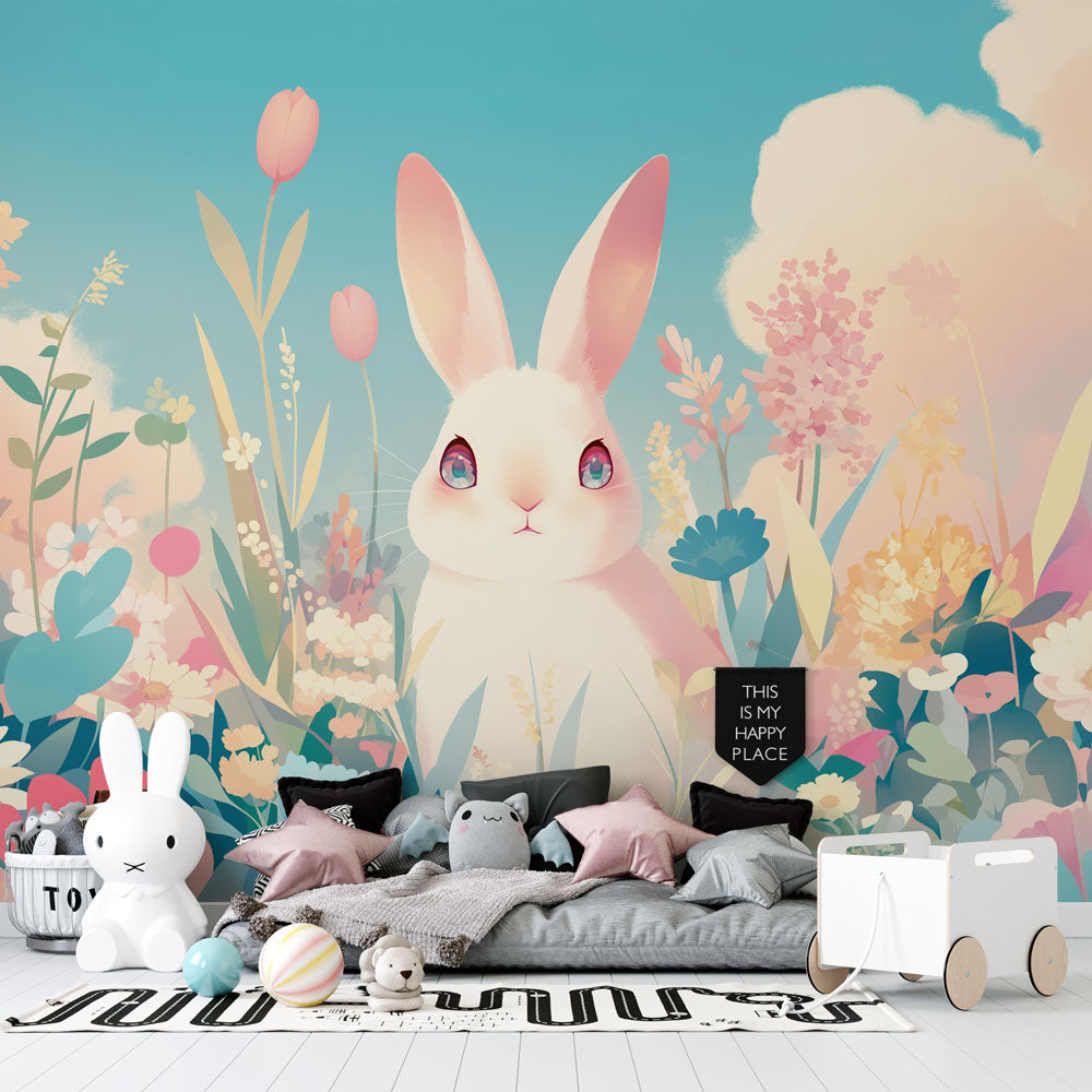 Rabbit Wallpaper | Meadow and Flowers — WonderMural