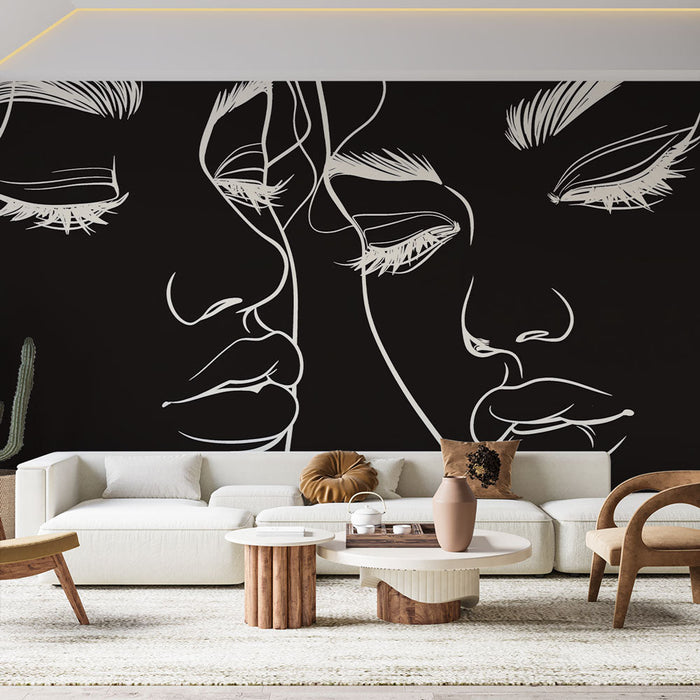 Line Art Mural Wallpaper | Two Black and White Faces