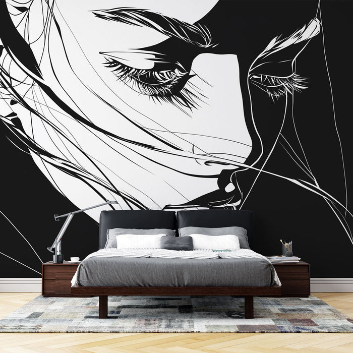 Papel pintado de mural de arte lineal | Estilo manga blanco y negro