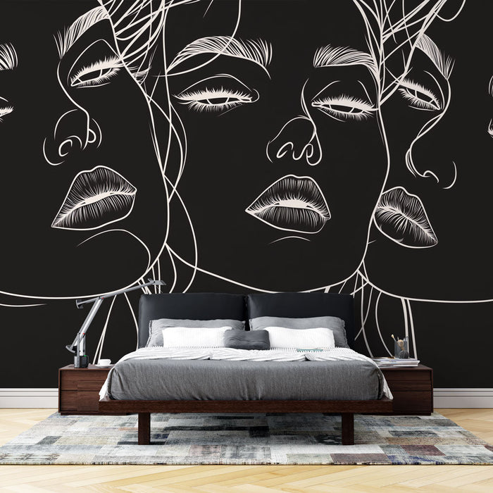 Papel pintado de mural de arte lineal | Tres caras en blanco y negro