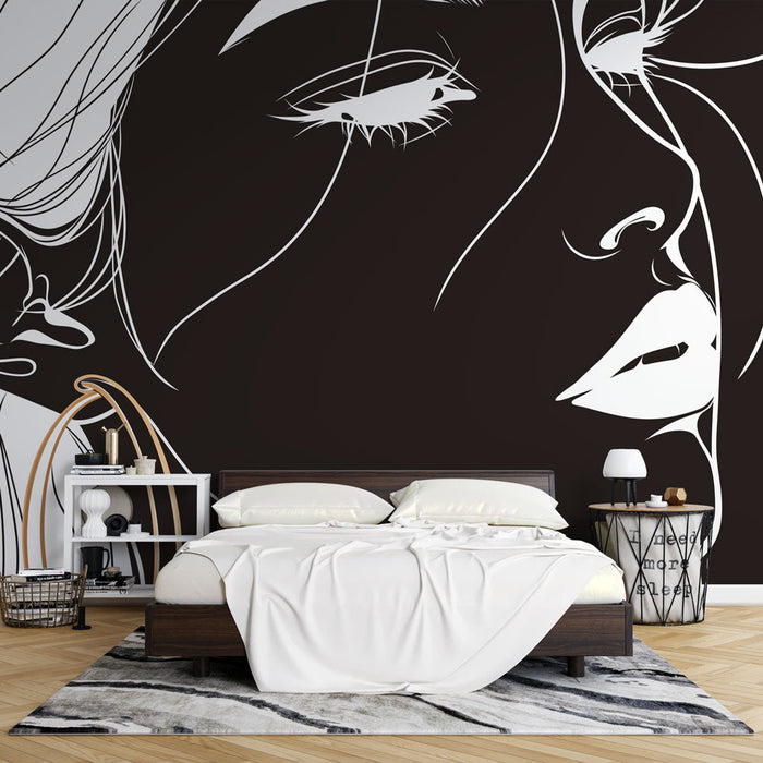 Papel de parede Mural Line Art | Rosto feminino preto e branco