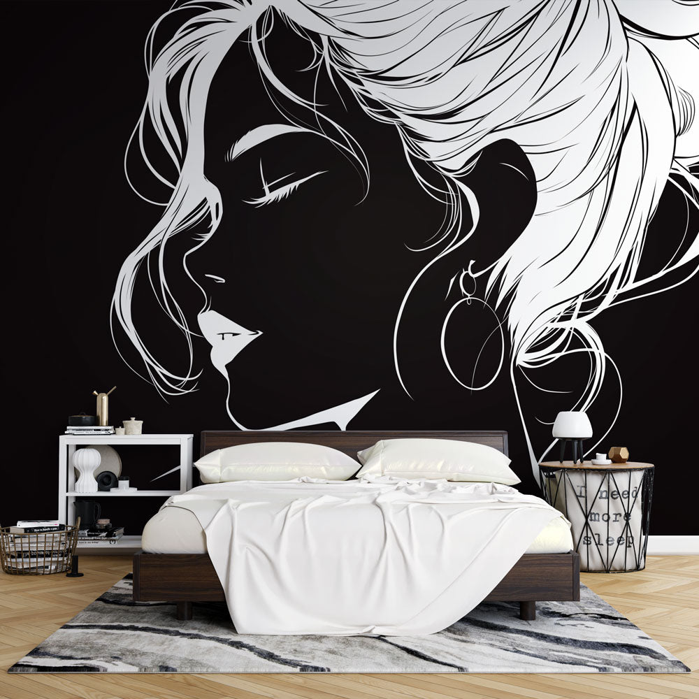 Carta da parati line art | Faccia di donna in bianco e nero — WonderMural, image size:1000x1000