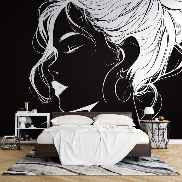 Papel pintado de mural de arte de línea | Rostro de mujer en blanco y negro