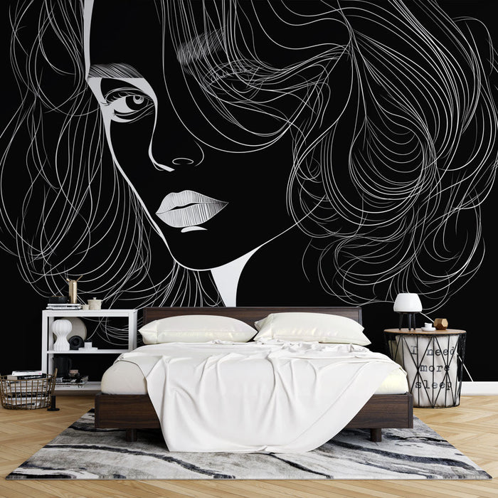 Papel pintado de mural de arte de línea | Rostro misterioso en blanco y negro