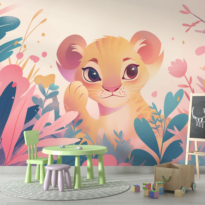 Lion Cub Mural Wallpaper | Pastel Pink