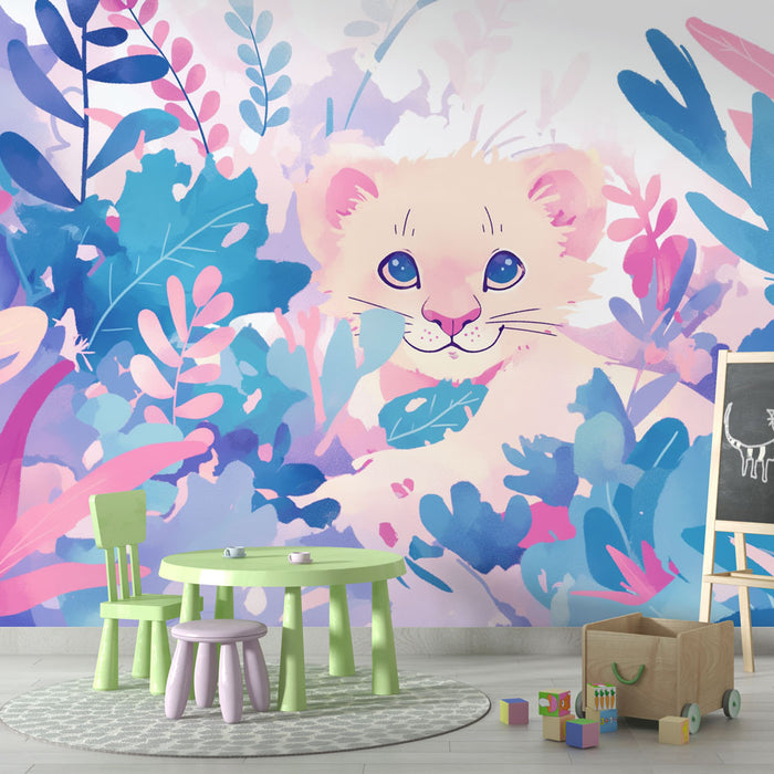 Lion Cub Mural Wallpaper | Pastel Vegetation