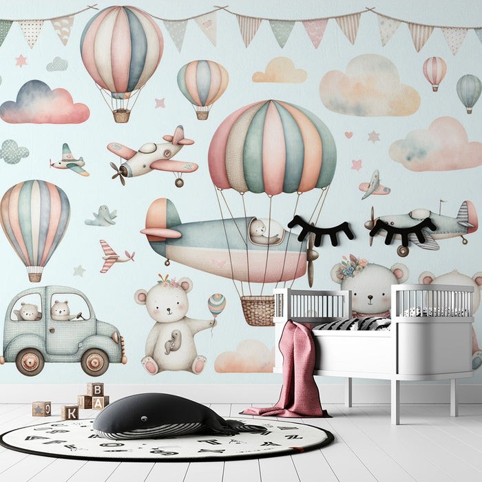 Papel de parede Mural de Balão de Ar Quente | Animais da Floresta com Nuvens Multicoloridas