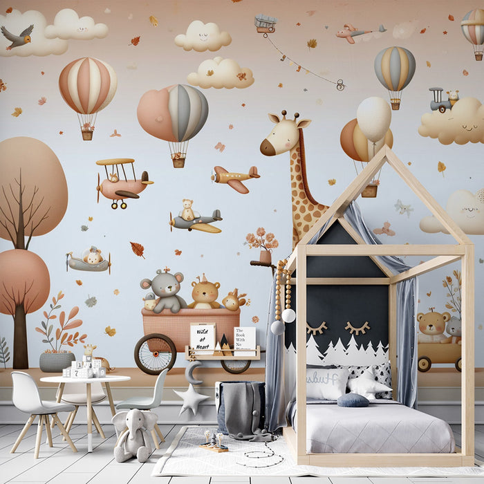 Hot air balloon Mural Wallpaper | Animals, clouds, and savannah in neutral tones