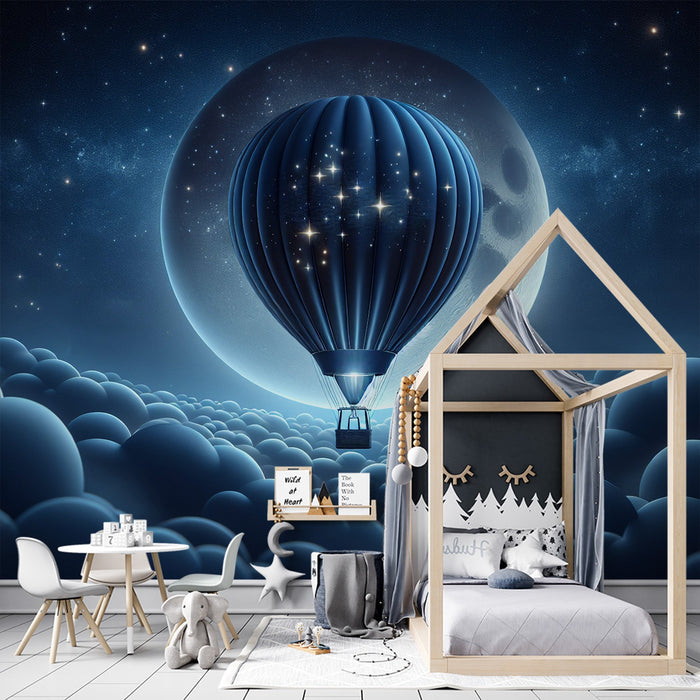 Hot Air Balloon Mural Wallpaper | Above the Clouds with Full Moon and Stars