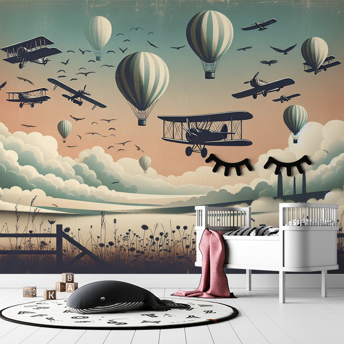 Hot Air Balloon Mural Wallpaper | Airplanes and Hot Air Balloons Seen from a Meadow