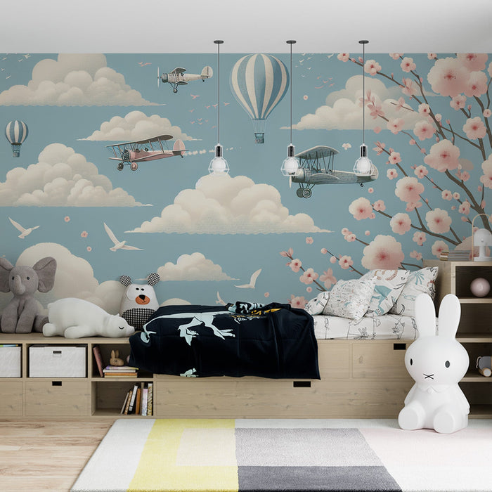 Hot Air Balloon Mural Wallpaper | Airplanes, Pink Cherry Blossoms, and Clouds on a Blue Background