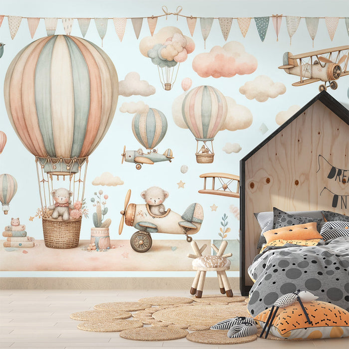 Hot Air Balloon Mural Wallpaper | Airplanes, Clouds, and Little Bears