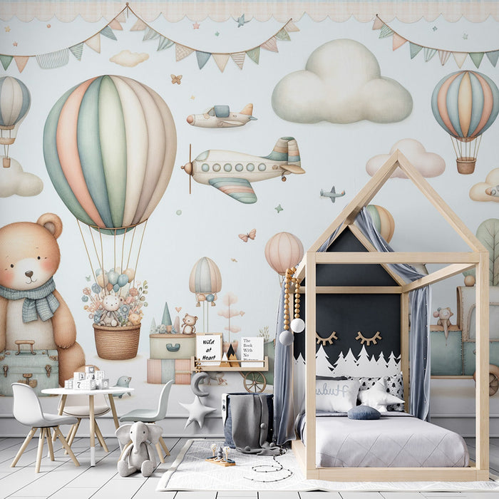 Hot Air Balloon Mural Wallpaper | Airplanes, Clouds, and Teddy Bears