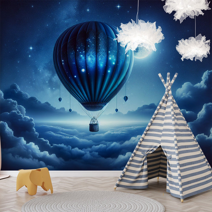 Hot Air Balloon Mural Wallpaper | Blue Balloon Above the Clouds and Full Moon