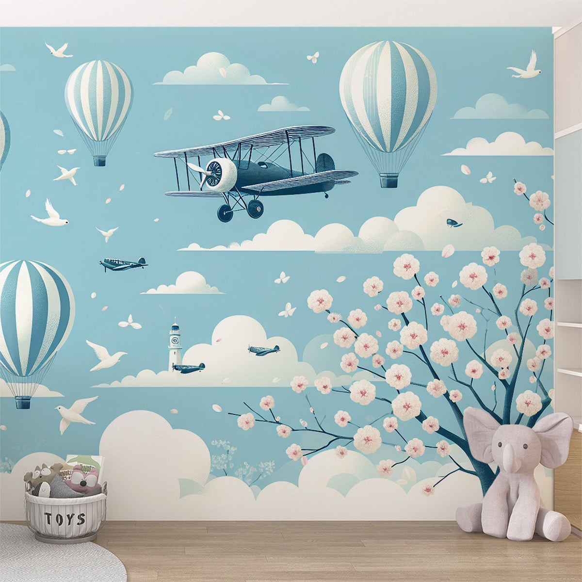 Heißluftballon Tapete | Blaue und weiße Ballons mit Flugzeugen und Kir —  WonderMural, image size:1200x1200