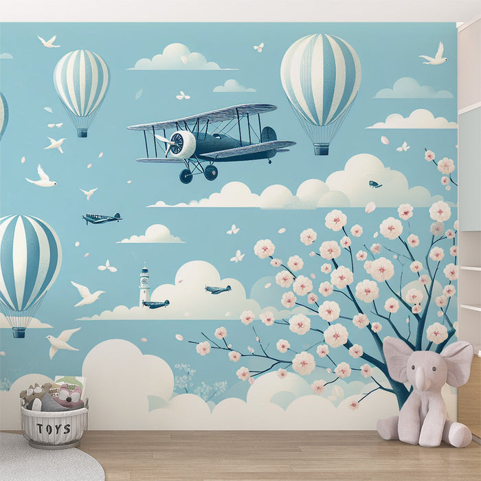 Hot Air Balloon Mural Wallpaper | Blue and White Balloons with Airplanes and Cherry Blossom