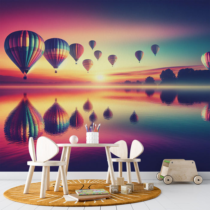Hot Air Balloon Mural Wallpaper | Colorful Balloons Above a Lake