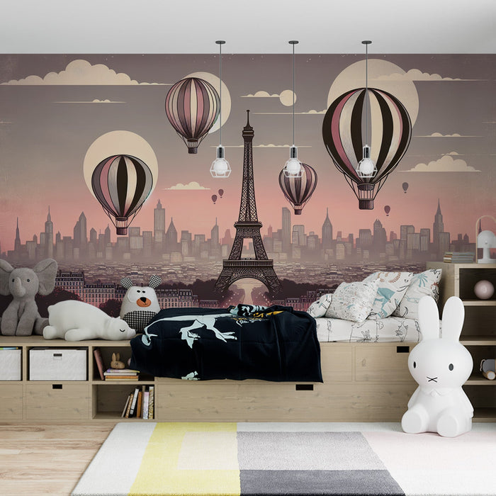 Hot Air Balloon Mural Wallpaper | Flying Balloons Over Paris with the Eiffel Tower