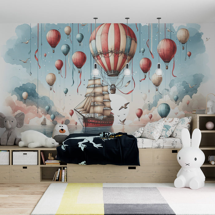 Hot Air Balloon Mural Wallpaper | Pirate Ship and Colorful Hot Air Balloons
