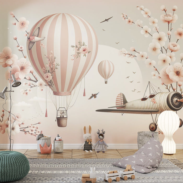 Hot Air Balloon Mural Wallpaper | Pink Cherry Blossom Branches, Airplanes, Striped Balloons
