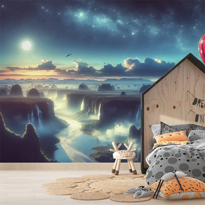 Hot Air Balloon Mural Wallpaper | Waterfalls and Red Balloon with Moonlit Stars